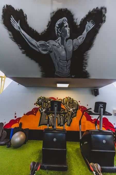 Trainingsgeräte und Arnold Schwarzenegger-Wandbild, Fitnessstudio Sams Gym